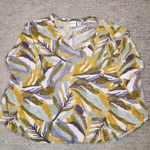 Rachel Zoe 100% Linen Shirt Womens 3X Plus Elbow Sleeve Yellow Floral V-Neck